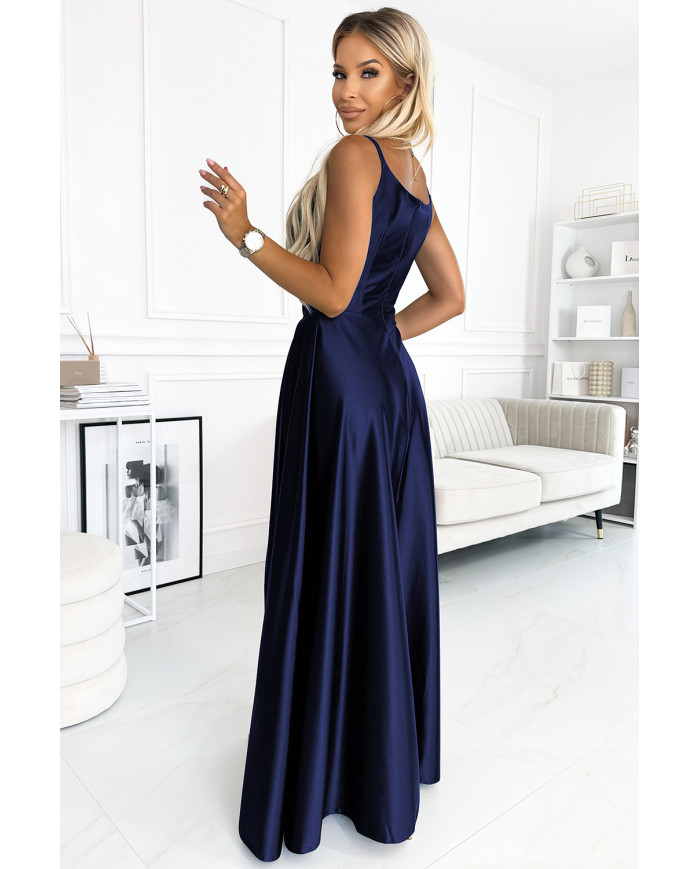 CHIARA elegantné dlhé maxi saténové šaty bez ramienok - ZELENÉ