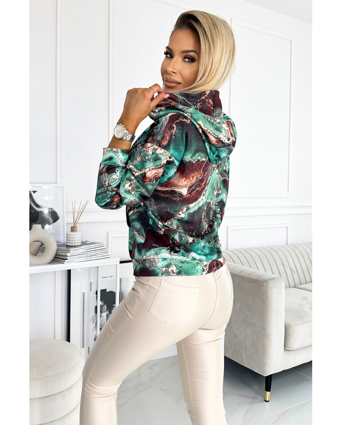 Mikina klokanka s kapucňou - tyrkysovo hnedá mramorová