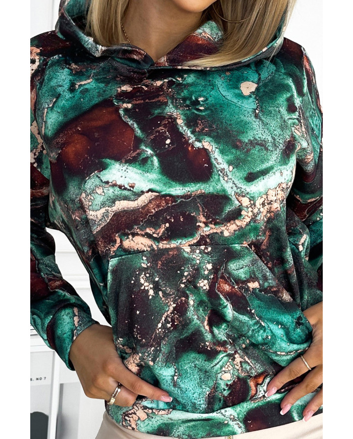 Mikina klokanka s kapucňou - tyrkysovo hnedá mramorová