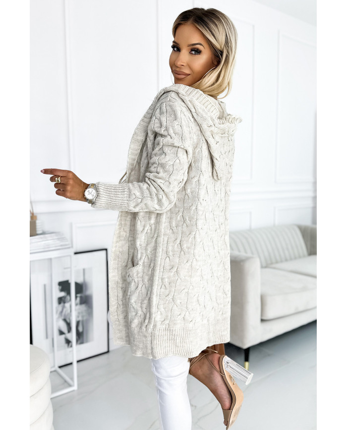 Cardigan – plášť s kapucňou a vreckami – BEIGE BRAID