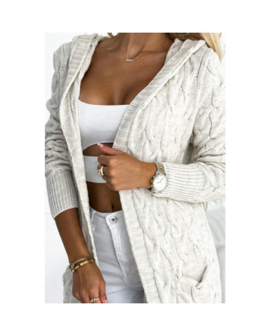 Cardigan – plášť s kapucňou a vreckami – BEIGE BRAID