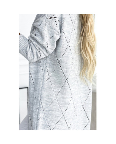 Cardigan - sveterový kardigán s dlhším chrbtom a priehľadným diamantovým vzorom - ŠEDÝ