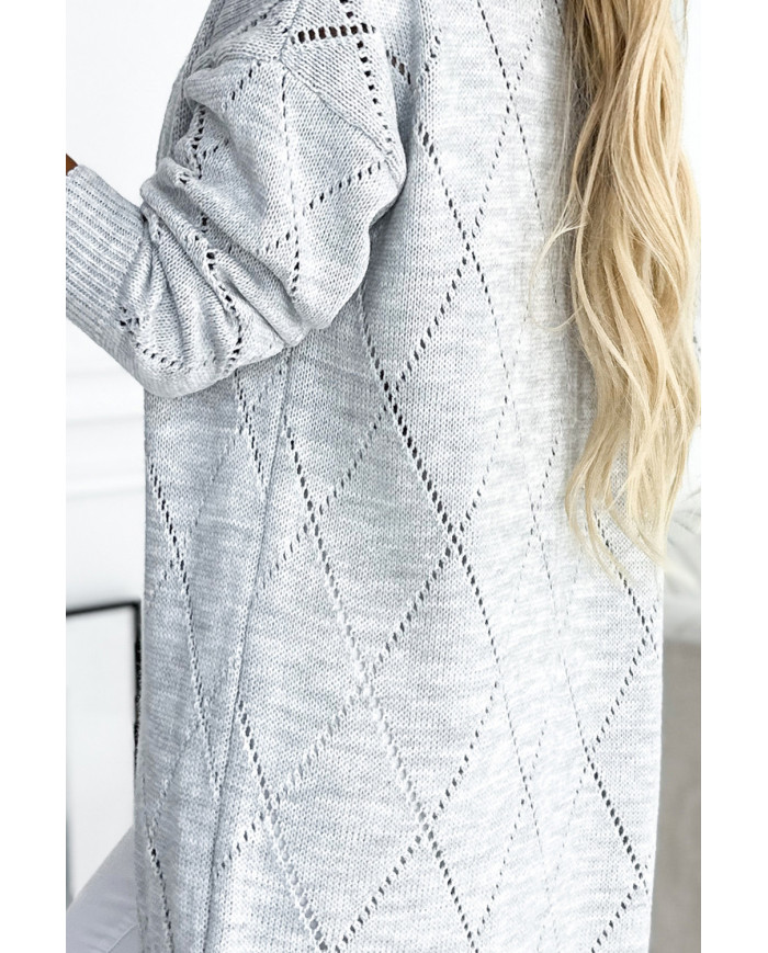 Cardigan - sveterový kardigán s dlhším chrbtom a priehľadným diamantovým vzorom - ŠEDÝ