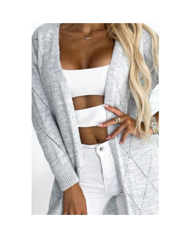 Cardigan - sveterový kardigán s dlhším chrbtom a priehľadným diamantovým vzorom - ŠEDÝ