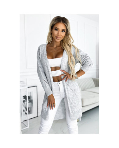 Cardigan - sveterový kardigán s dlhším chrbtom a priehľadným diamantovým vzorom - ŠEDÝ